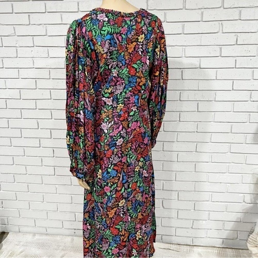 Farm Rio Black Mixed Prints Floral Birds Midi Dress V-Neck Balloon Sleeve Size L - Picture 5 of 16